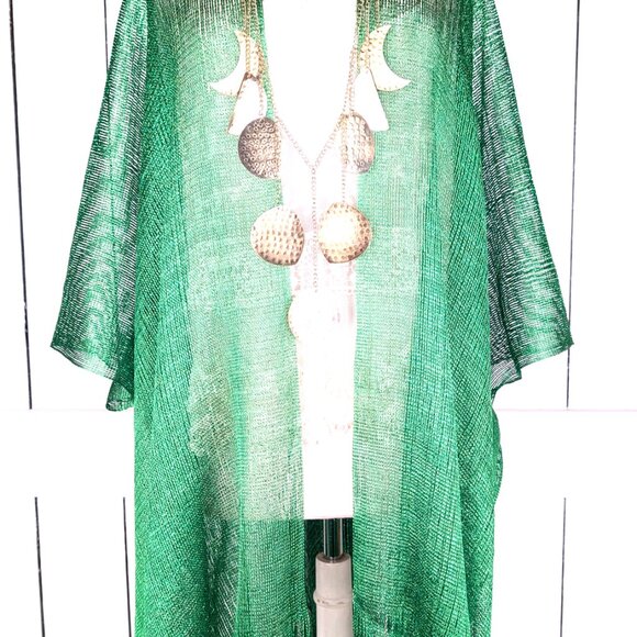 Green metallic mesh fringe kimono cover up - Picture 7 of 7
